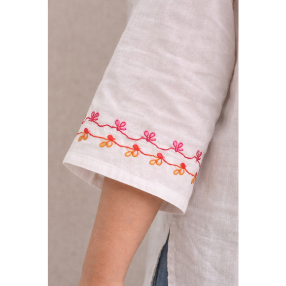 Carole Little 1X White Linen Embroidered Tunic Top Boho Side Slits - Picture 7 of 12